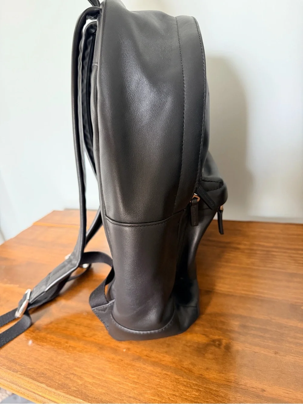 Lacoste Black Smooth Leather Backpack with Embossed Logo